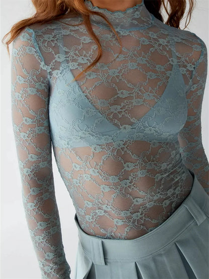 Sexy Women Lace Turtleneck Mesh See Through Fall Club Streetwear T-shirts