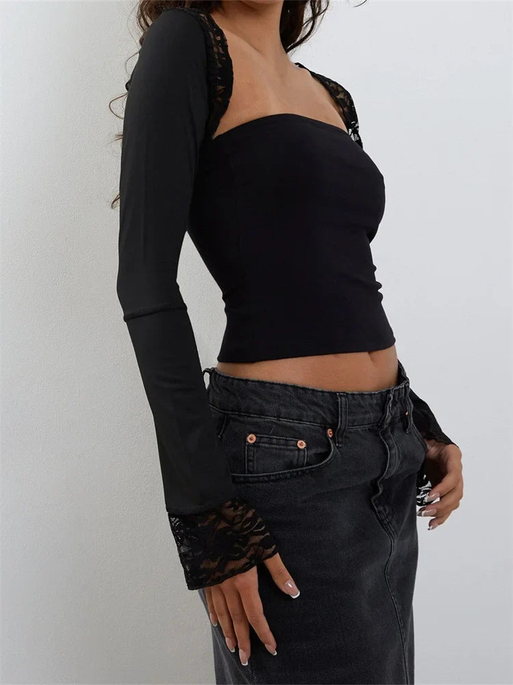 Women Strapless Off Shoulder Black Tube Cropped Summer Party Clubwear with Long Sleeve Lace See Through T-shirts Crop Top