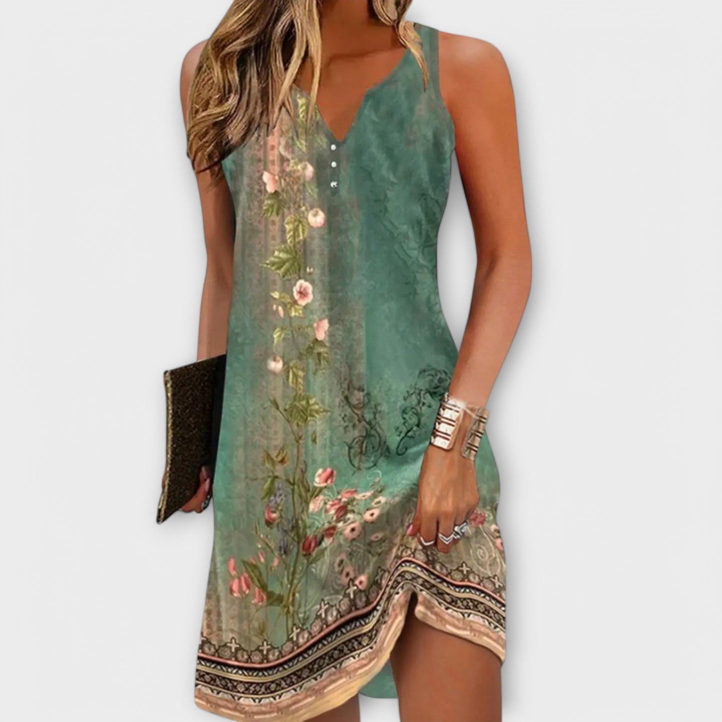 V-Neck Button Front Floral Border Print Tank Mini Dress