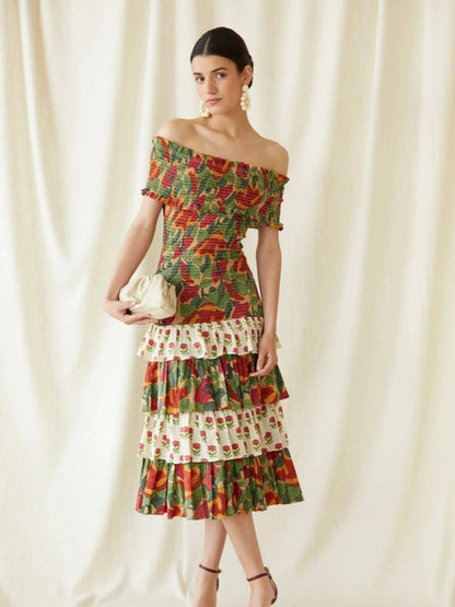 Off Shoulder Smocked Bodice Mixed Floral Print Tiered Ruffle Midi Dress