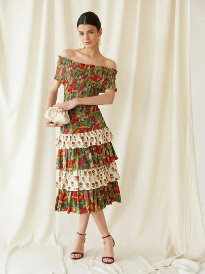 Off Shoulder Smocked Bodice Mixed Floral Print Tiered Ruffle Midi Dress