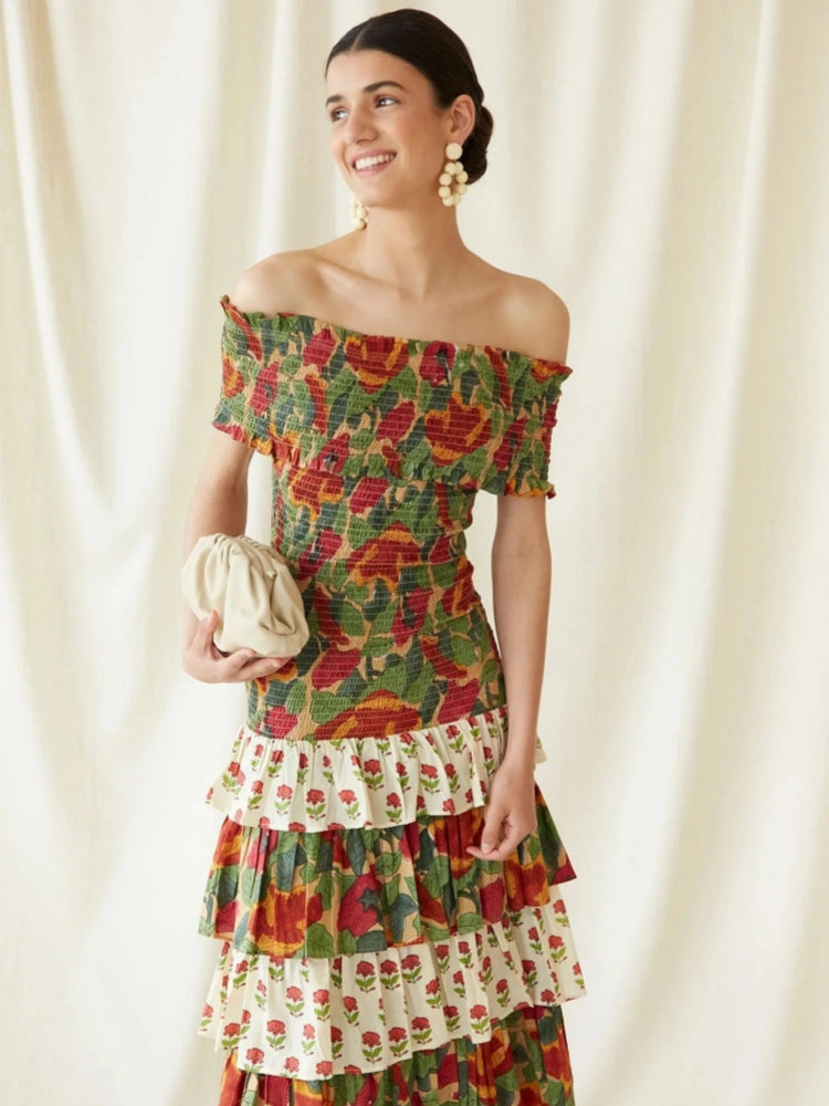 Off Shoulder Smocked Bodice Mixed Floral Print Tiered Ruffle Midi Dress