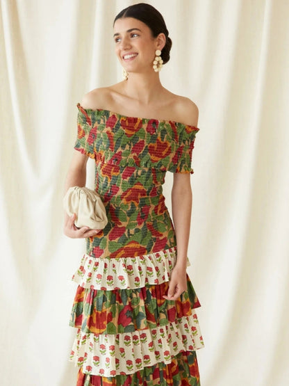 Off Shoulder Smocked Bodice Mixed Floral Print Tiered Ruffle Midi Dress