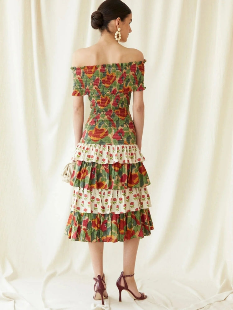 Off Shoulder Smocked Bodice Mixed Floral Print Tiered Ruffle Midi Dress