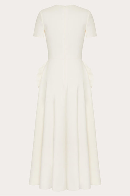Crew Neck Short Sleeve 3D Floral Applique Structured A-Line Midi Dress