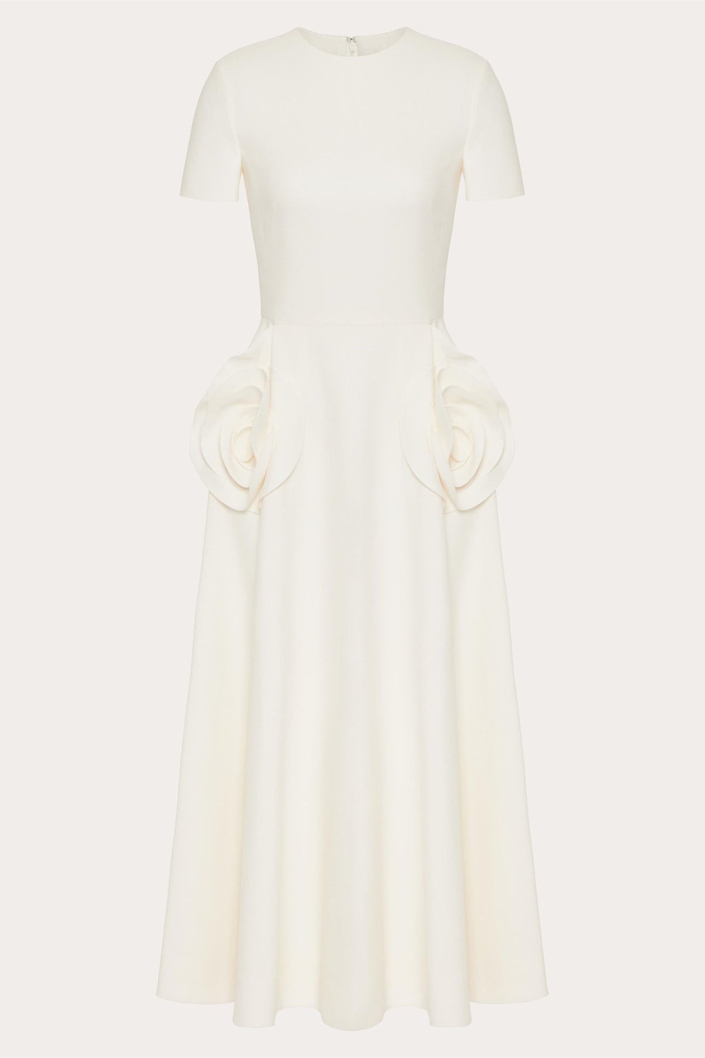 Crew Neck Short Sleeve 3D Floral Applique Structured A-Line Midi Dress