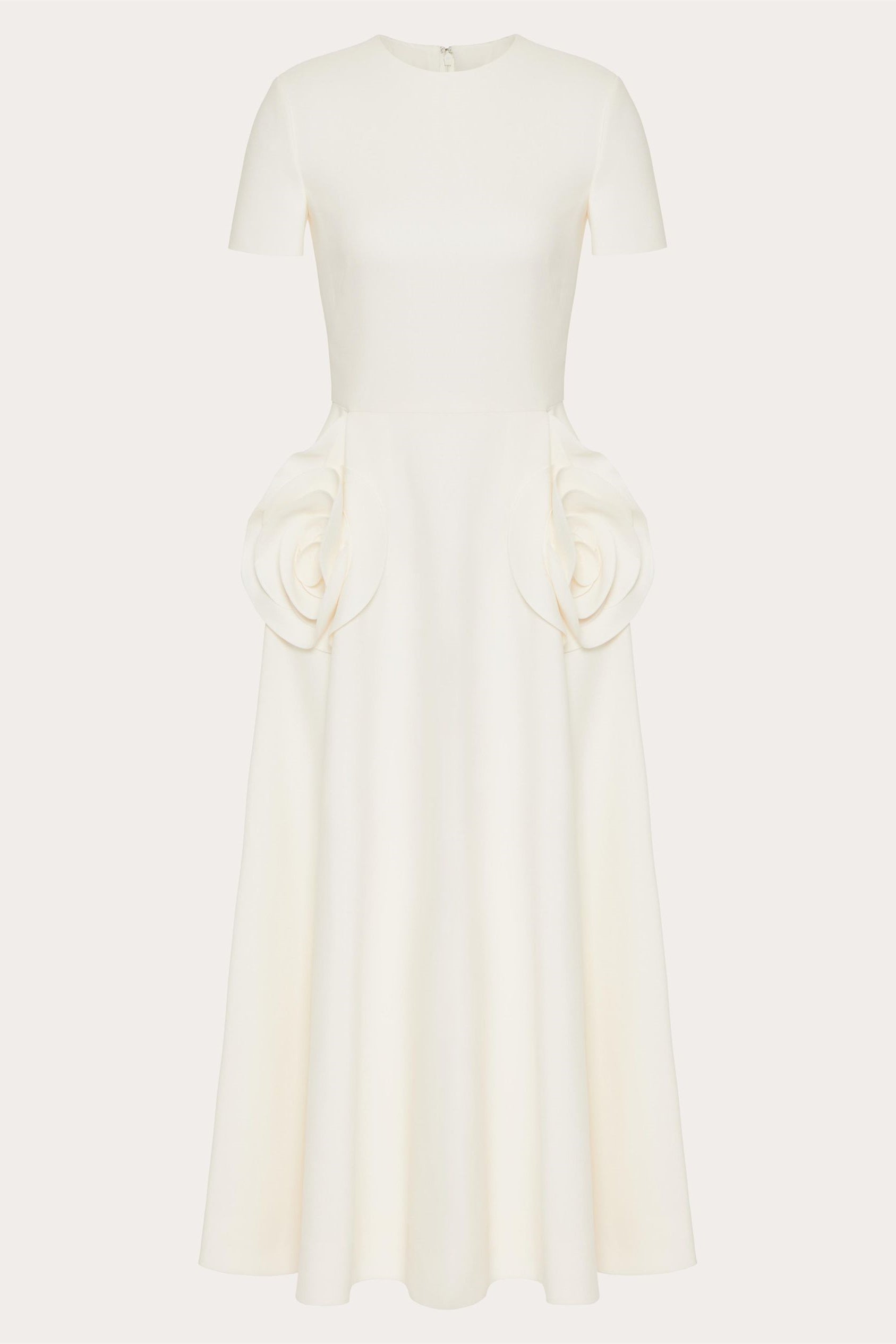 Crew Neck Short Sleeve 3D Floral Applique Structured A-Line Midi Dress