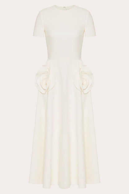 Crew Neck Short Sleeve 3D Floral Applique Structured A-Line Midi Dress