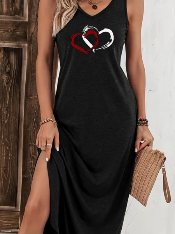 | Printed Heart Sleeveless Midi Dress