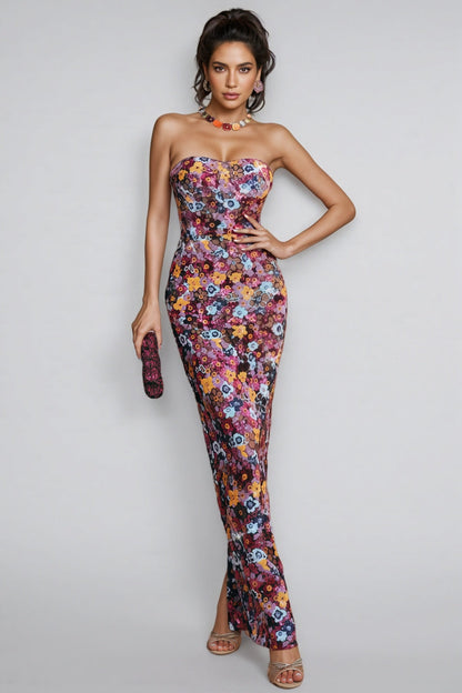 Cyria Strapless Flower Sequin Maxi Dress