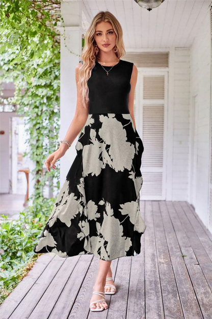 | Botanical Print Sleeveless Midi Dress