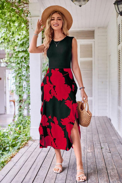 | Botanical Print Sleeveless Midi Dress