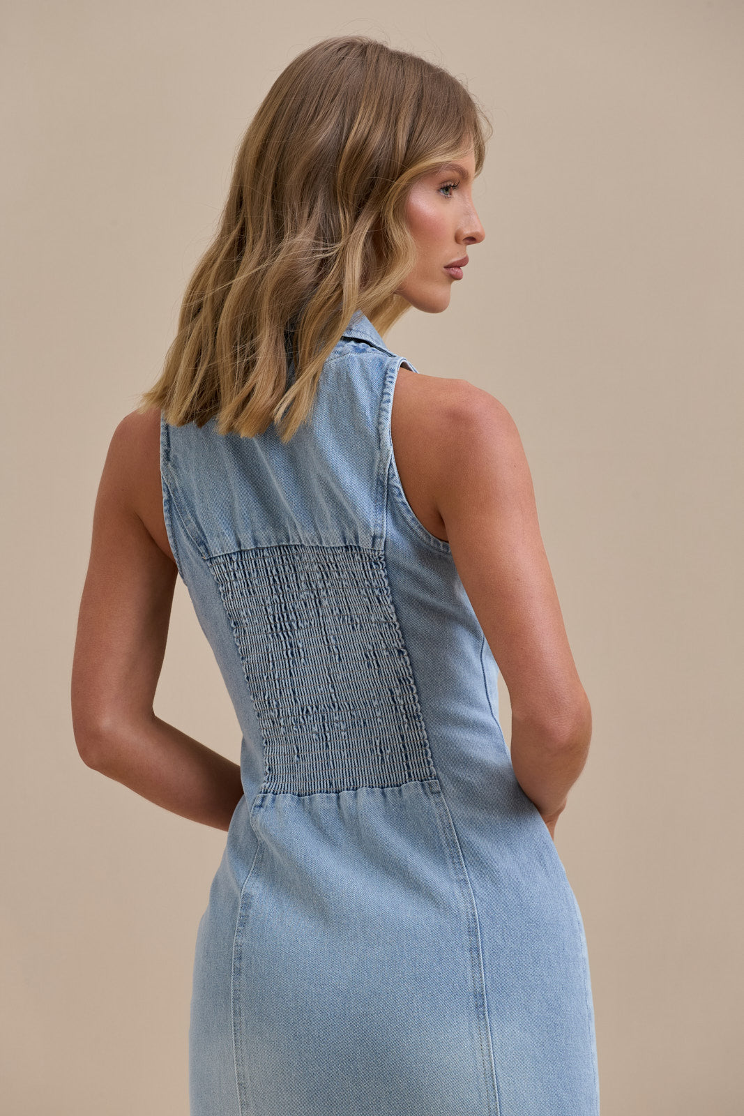 | Button-down stretch denim maxi dress