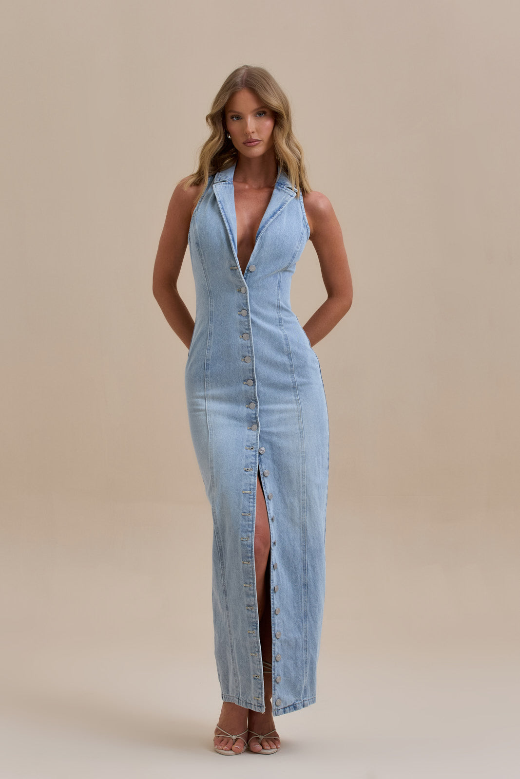 | Button-down stretch denim maxi dress
