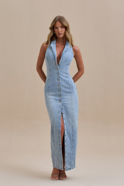 | Button-down stretch denim maxi dress