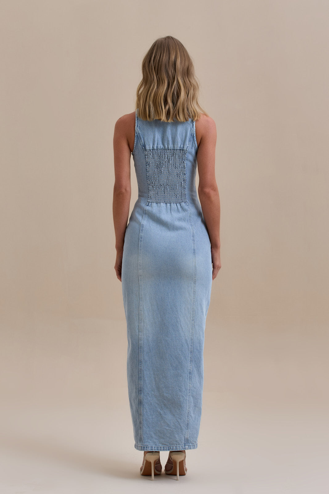 | Button-down stretch denim maxi dress