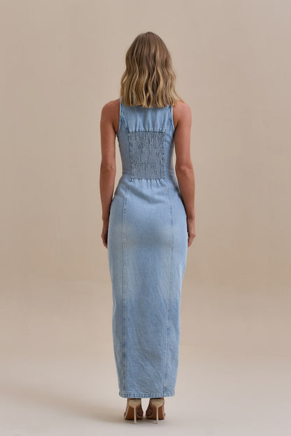 | Button-down stretch denim maxi dress