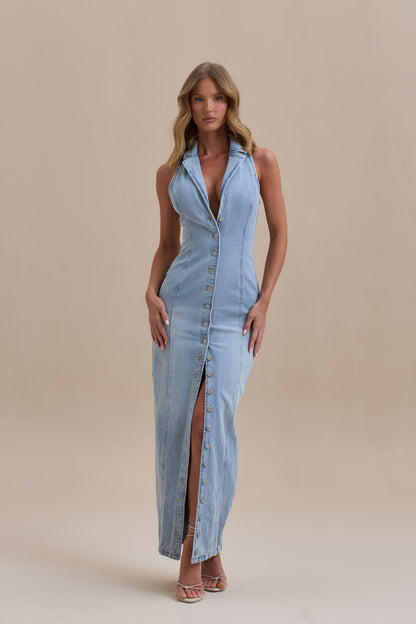 | Button-down stretch denim maxi dress