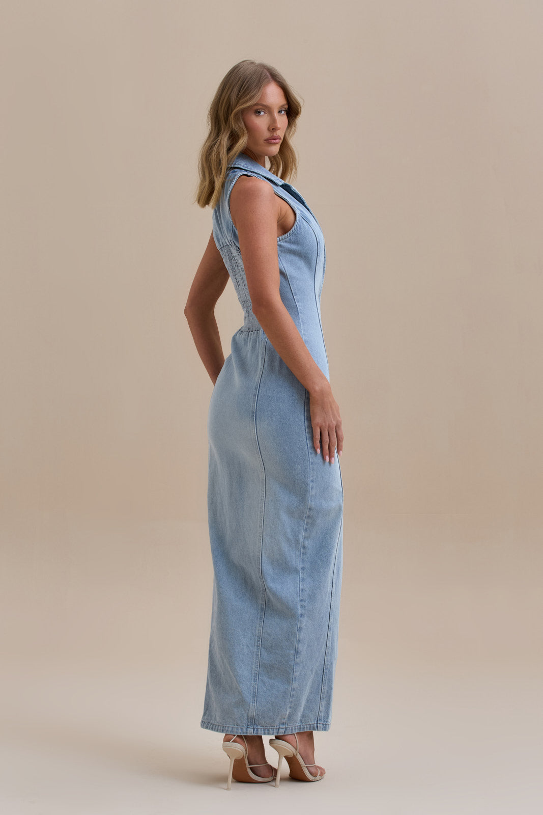 | Button-down stretch denim maxi dress