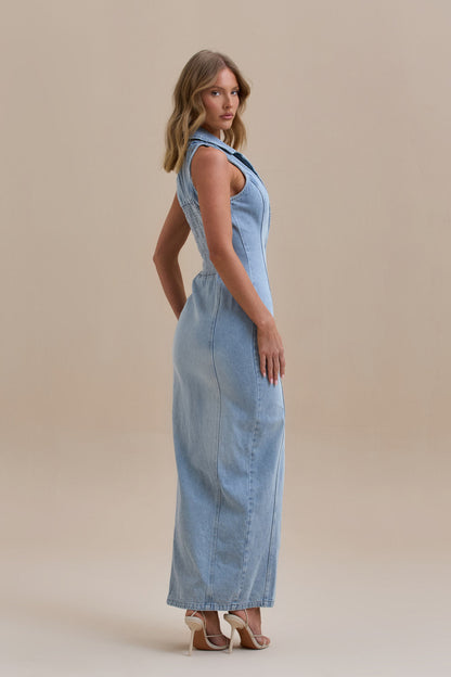 | Button-down stretch denim maxi dress