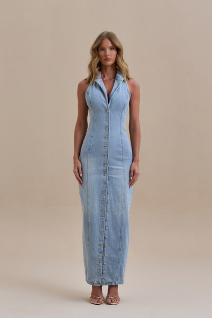 | Button-down stretch denim maxi dress