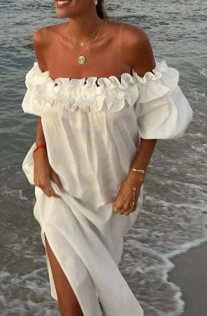 Off Shoulder Ruffle Trim Puff Sleeve Side Slit Linen Look Maxi Dress