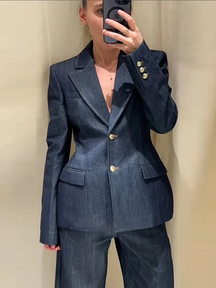 Denim Jacket High Waist Jeans Office Two Piece Set