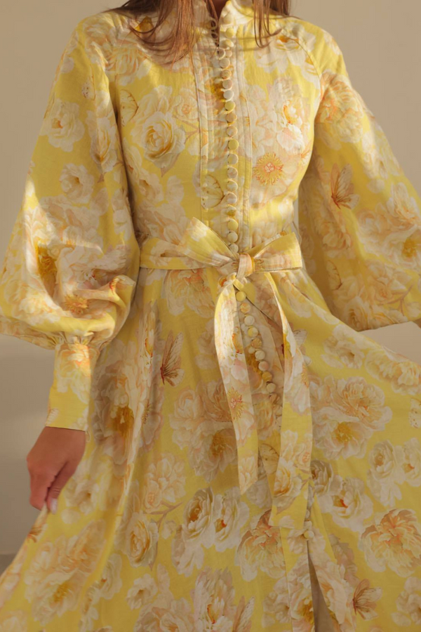 Floral Butterfly Print Mandarin Collar Balloon Sleeve Belted Maxi Dress