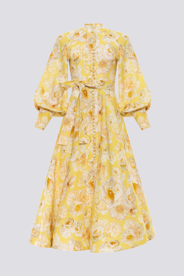 Floral Butterfly Print Mandarin Collar Balloon Sleeve Belted Maxi Dress