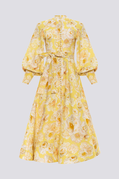 Floral Butterfly Print Mandarin Collar Balloon Sleeve Belted Maxi Dress