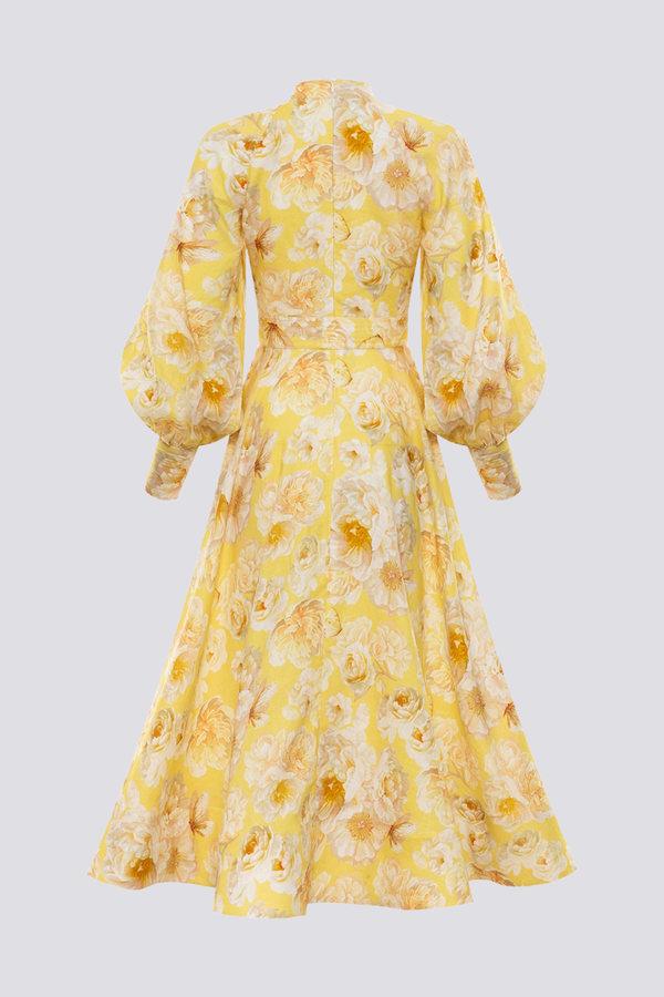 Floral Butterfly Print Mandarin Collar Balloon Sleeve Belted Maxi Dress