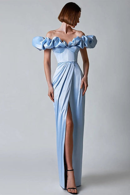 | Ruffled Neckline Off-Shoulder Satin Gown