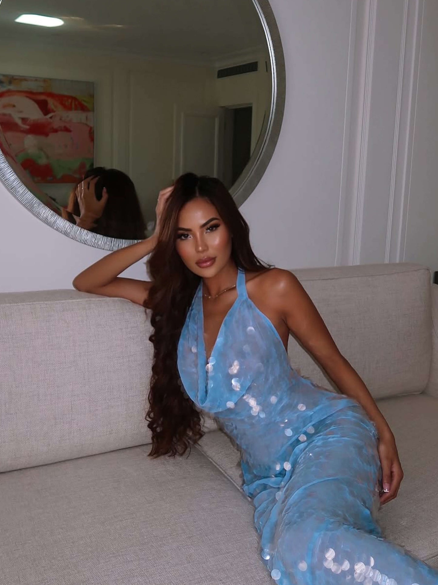 | Iridescent Sequin Drape Halter Maxi Dress