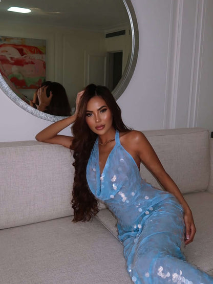 | Iridescent Sequin Drape Halter Maxi Dress