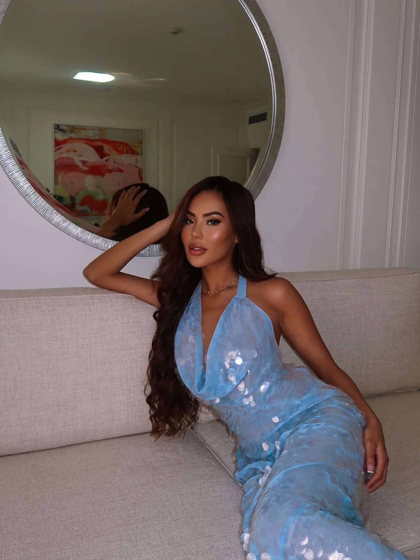 | Iridescent Sequin Drape Halter Maxi Dress