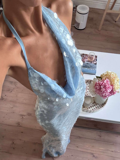 | Iridescent Sequin Drape Halter Maxi Dress