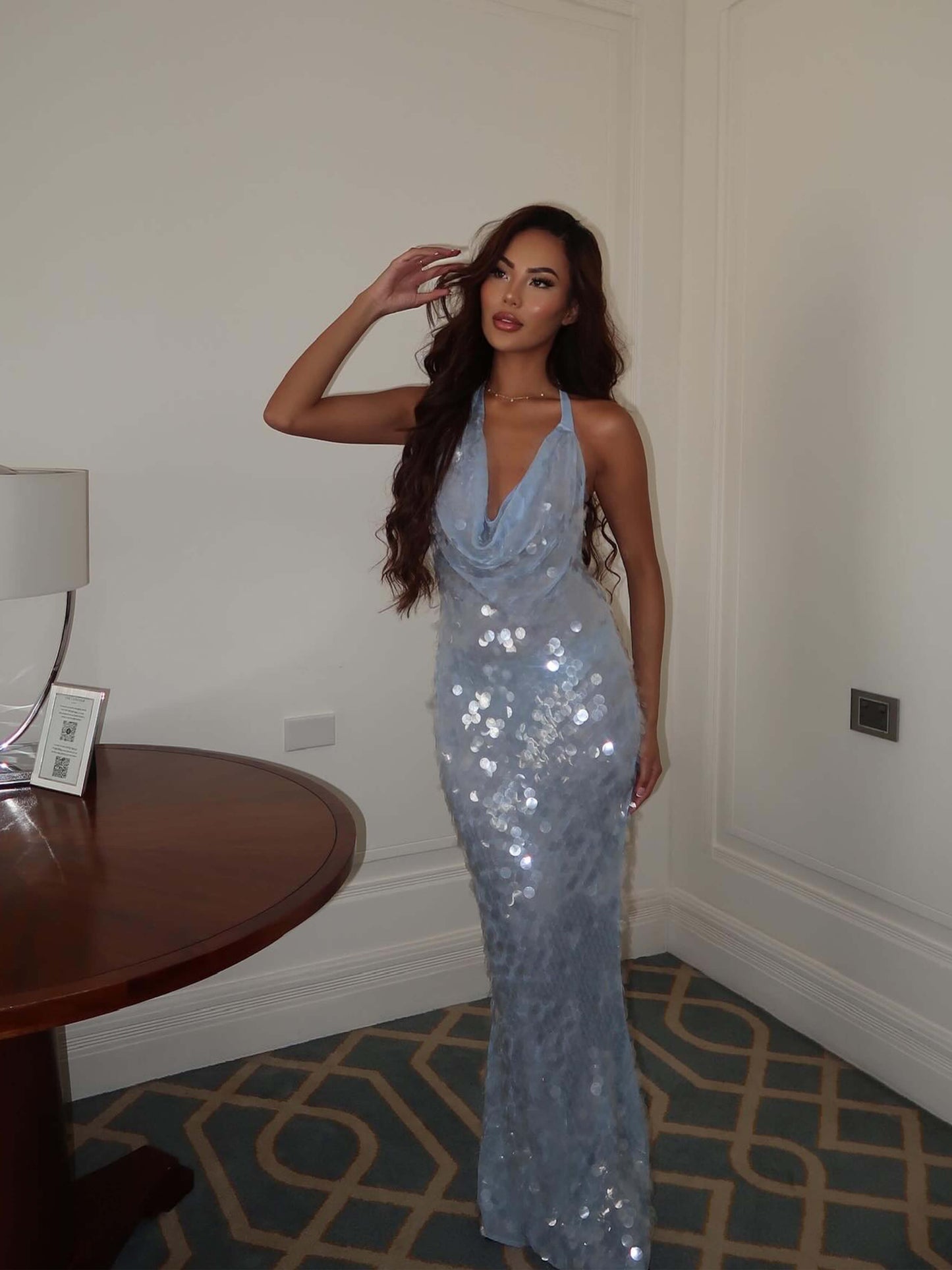 | Iridescent Sequin Drape Halter Maxi Dress