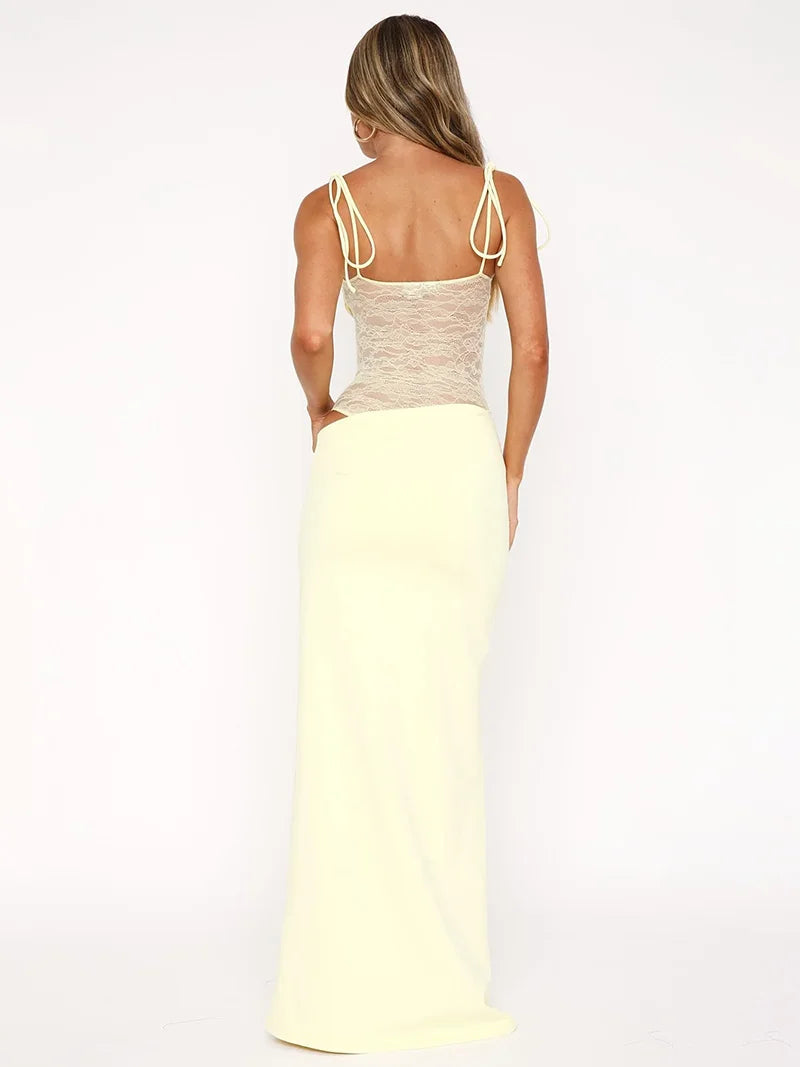 | Sheer Lace Waist Cut-Out Strap Maxi Dress