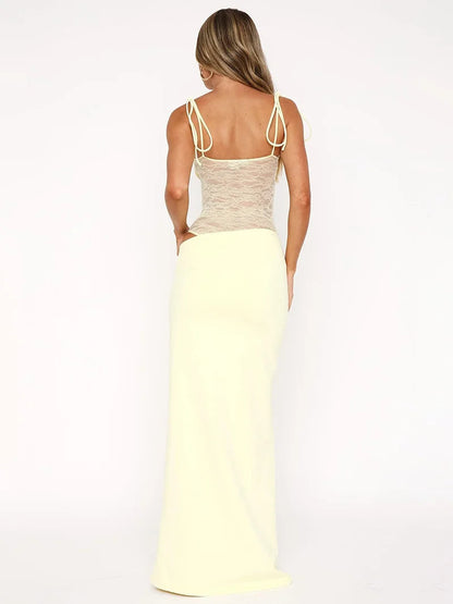 | Sheer Lace Waist Cut-Out Strap Maxi Dress
