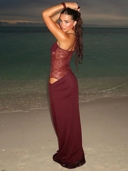 | Sheer Lace Waist Cut-Out Strap Maxi Dress