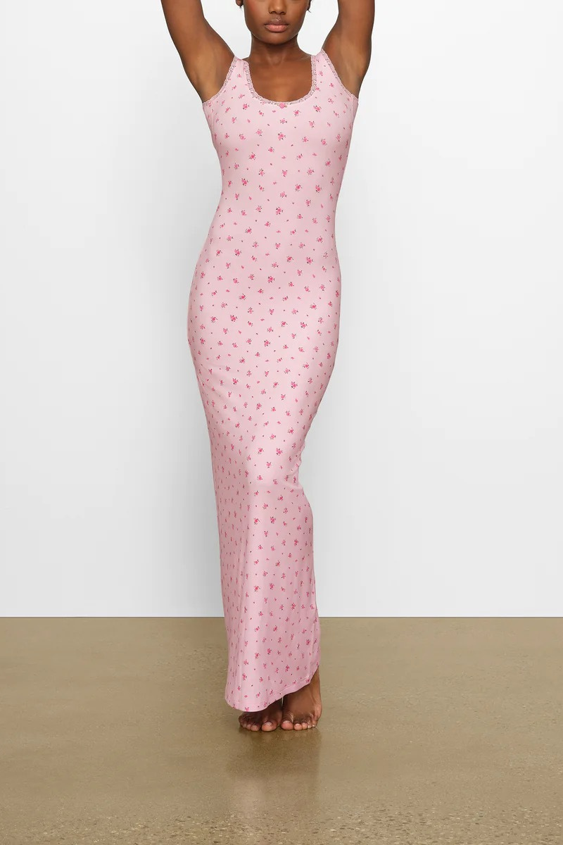 Ditsy Floral Scoop Neck Lace Trim Tank Strap Bodycon Maxi Dress