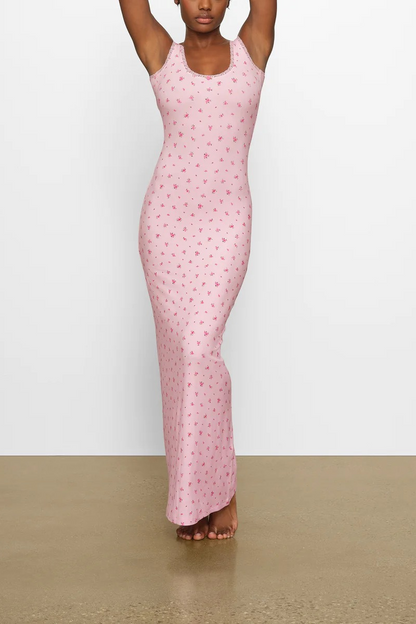 Ditsy Floral Scoop Neck Lace Trim Tank Strap Bodycon Maxi Dress