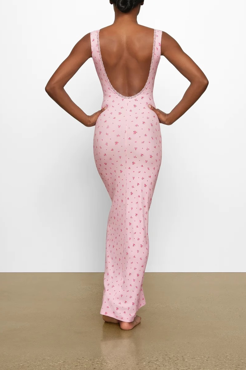 Ditsy Floral Scoop Neck Lace Trim Tank Strap Bodycon Maxi Dress
