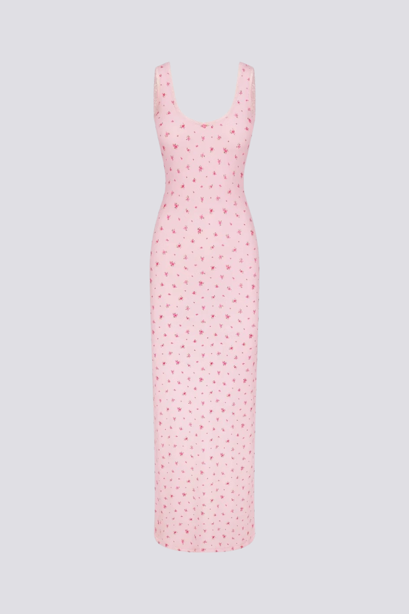 Ditsy Floral Scoop Neck Lace Trim Tank Strap Bodycon Maxi Dress