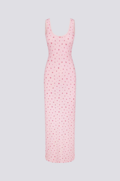 Ditsy Floral Scoop Neck Lace Trim Tank Strap Bodycon Maxi Dress