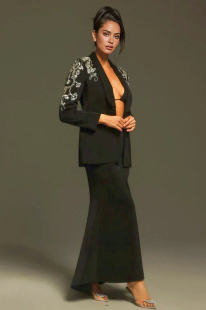 Quinen Long Sleeve Rhinestone Blazer Set