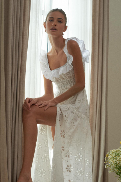 Eyelet Lace Ruffle Trim Smocked Bodice Square Neck High Slit Maxi Dress