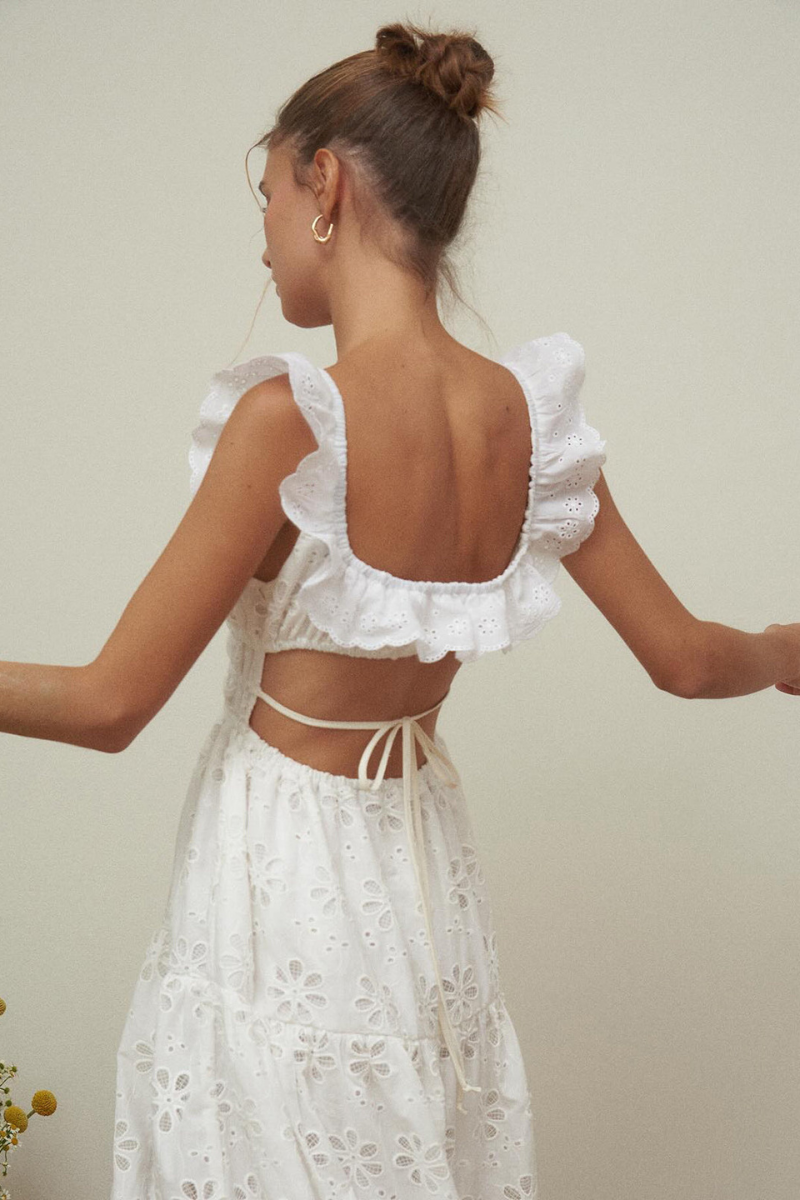 Eyelet Lace Ruffle Trim Smocked Bodice Square Neck High Slit Maxi Dress