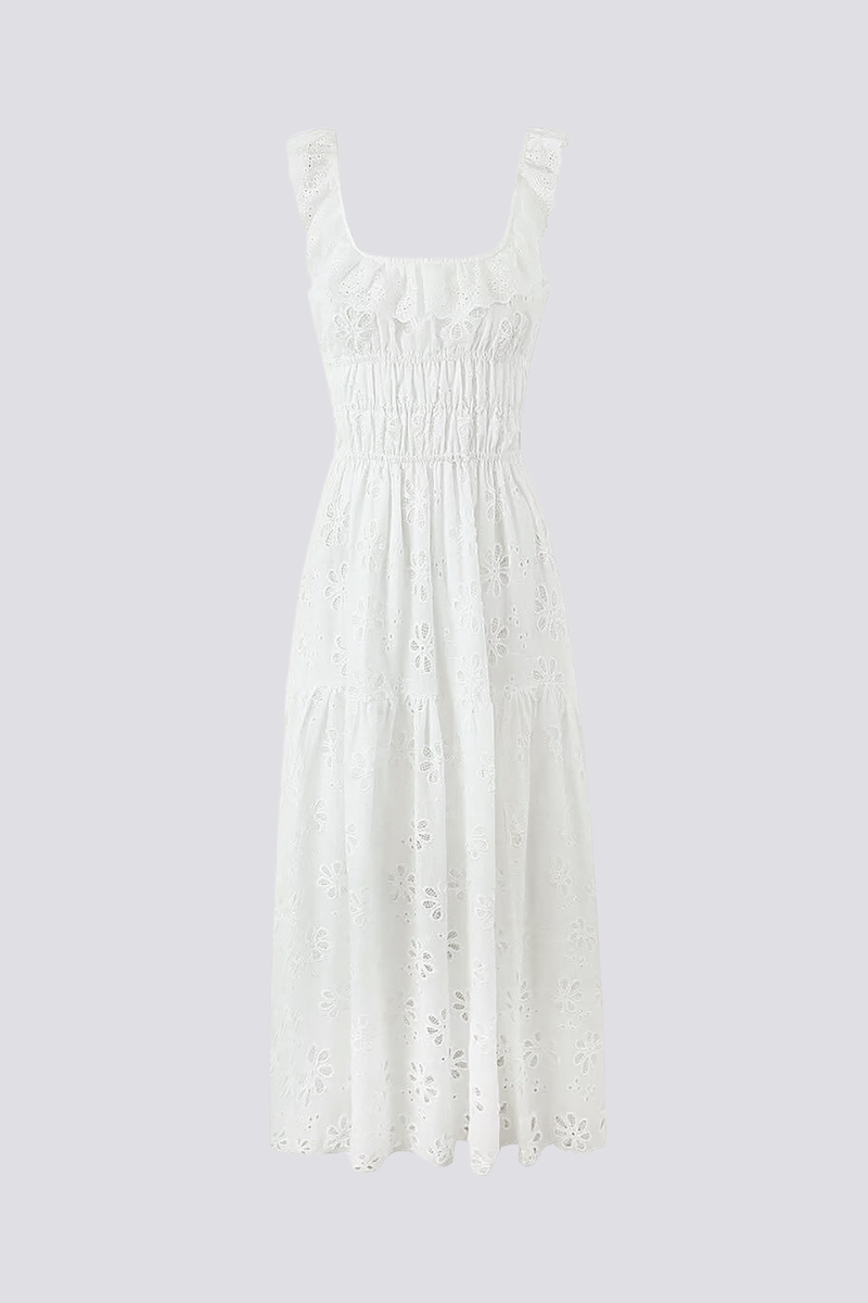 Eyelet Lace Ruffle Trim Smocked Bodice Square Neck High Slit Maxi Dress