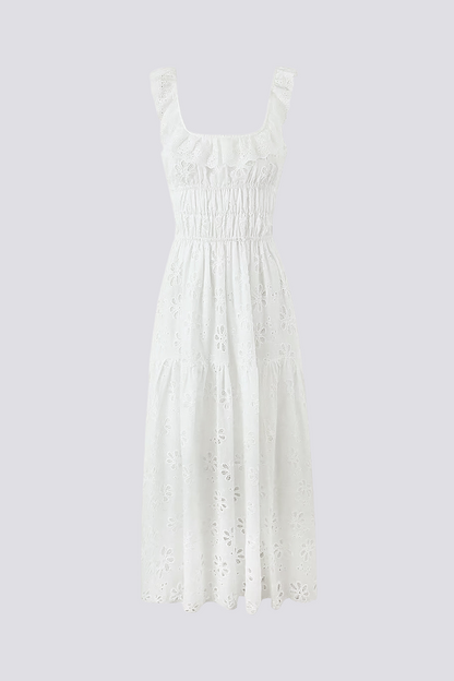 Eyelet Lace Ruffle Trim Smocked Bodice Square Neck High Slit Maxi Dress